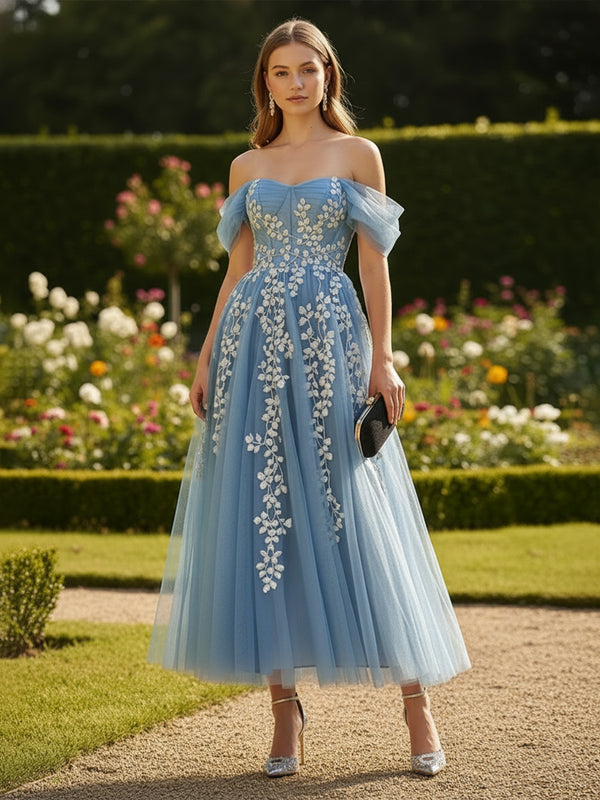 Tulle A Line Off the Shoulder Pleats Formal Dresses