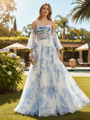 Tulle Off the Shoulder A Line Floral Formal Dresses