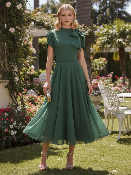 Chiffon A Line Scoop Neck Bow Formal Dresses