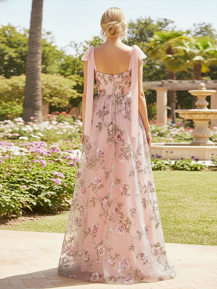 Tulle A Line Square Neck Pleats Formal Dresses