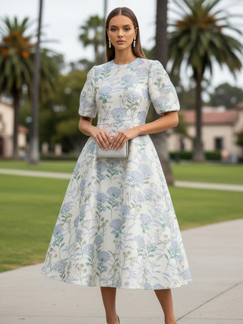 Satin A Line Scoop Neck Floral Formal Dresses