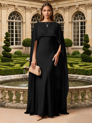 Satin A Line V Neck Cape Formal Dresses