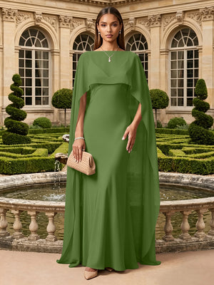 Satin A Line V Neck Cape Formal Dresses