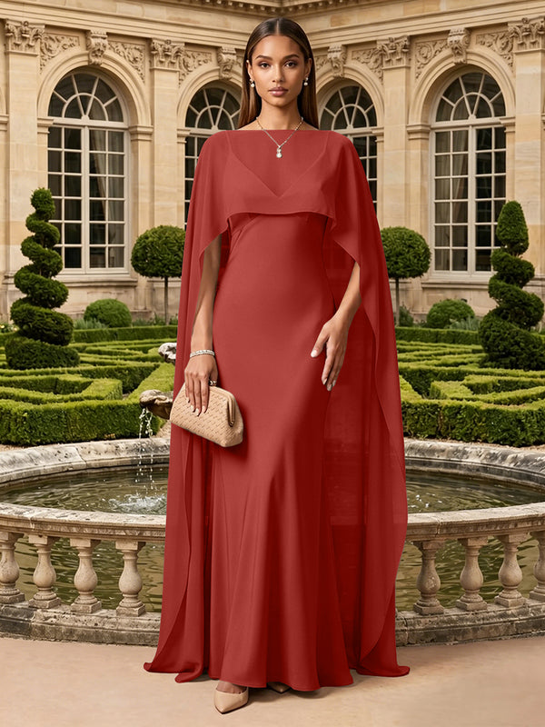 Satin A Line V Neck Cape Formal Dresses