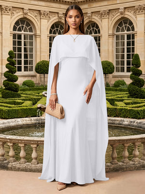 Satin A Line V Neck Cape Formal Dresses