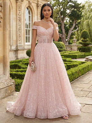 Tulle A Line Off the Shoulder Pleats Evening Dresses