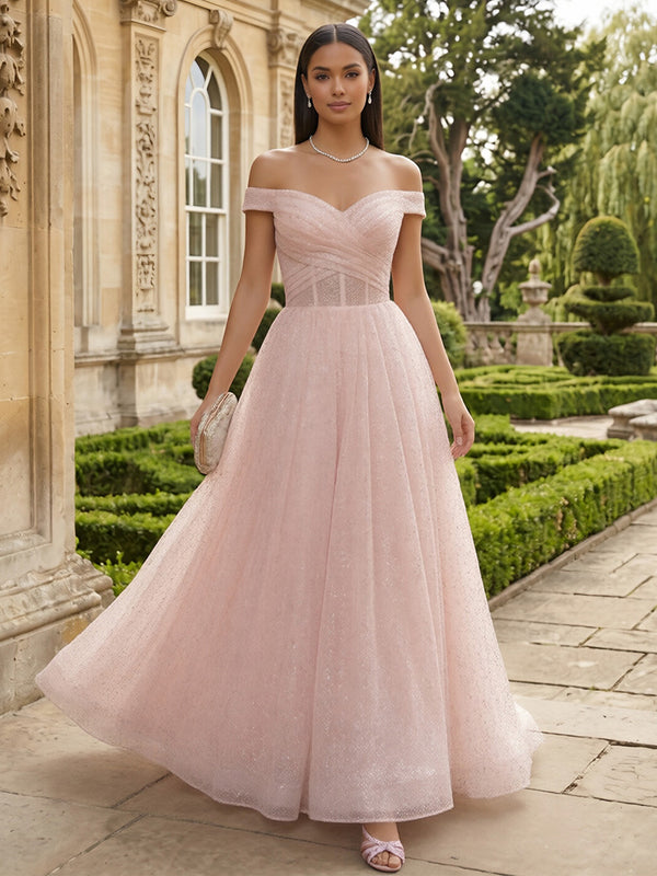 Tulle A Line Off the Shoulder Pleats Evening Dresses