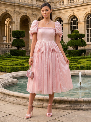 Tulle A Line Square Neck Bow Formal Dresses