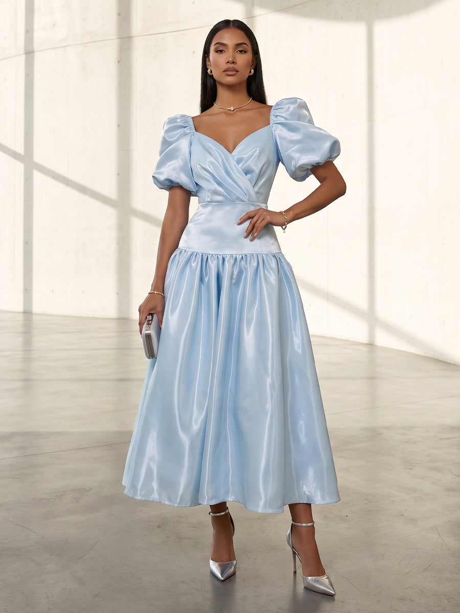 Metallic Satin A Line V Neck Pleats Formal Dresses