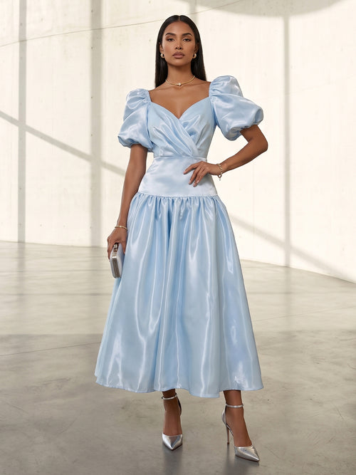 Metallic Satin A Line V Neck Pleats Formal Dresses