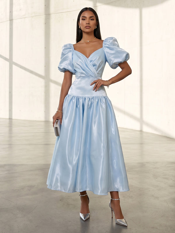 Metallic Satin A Line V Neck Pleats Formal Dresses
