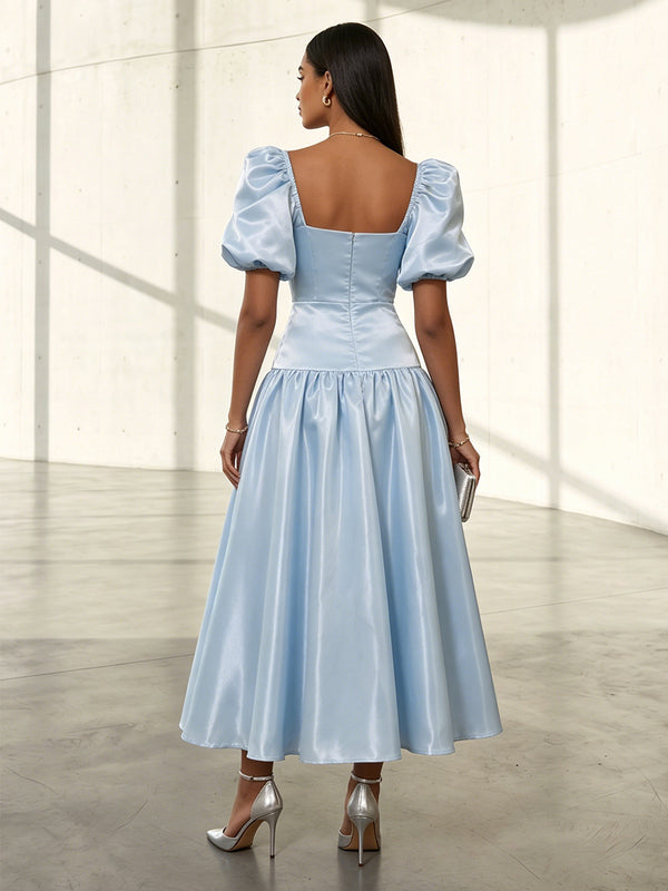 Metallic Satin A Line V Neck Pleats Formal Dresses