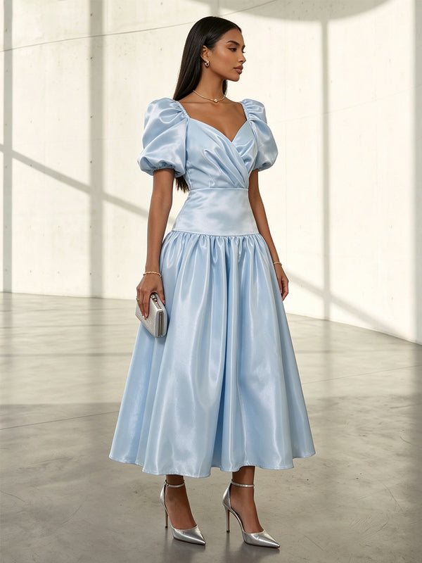 Metallic Satin A Line V Neck Pleats Formal Dresses
