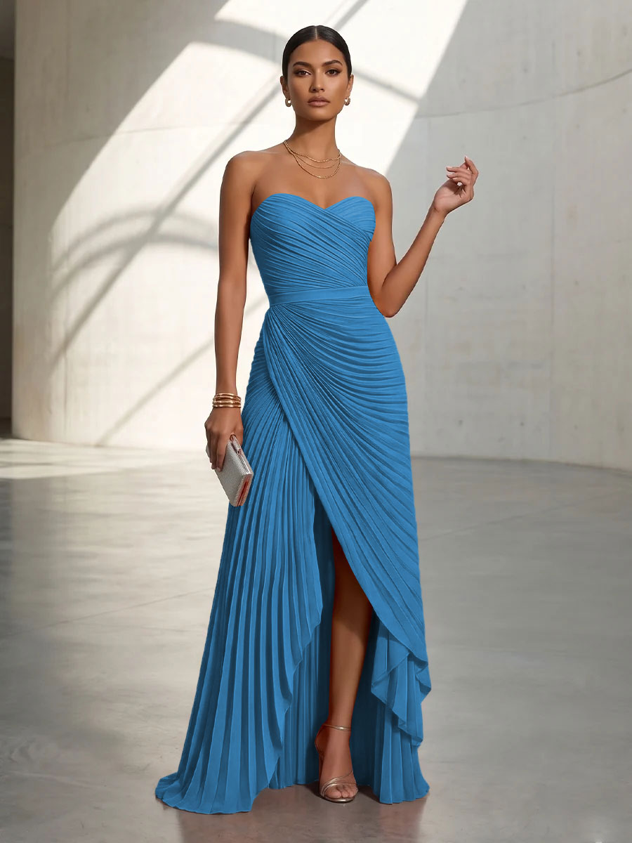 Chiffon A Line Strapless Pleats Formal Dresses