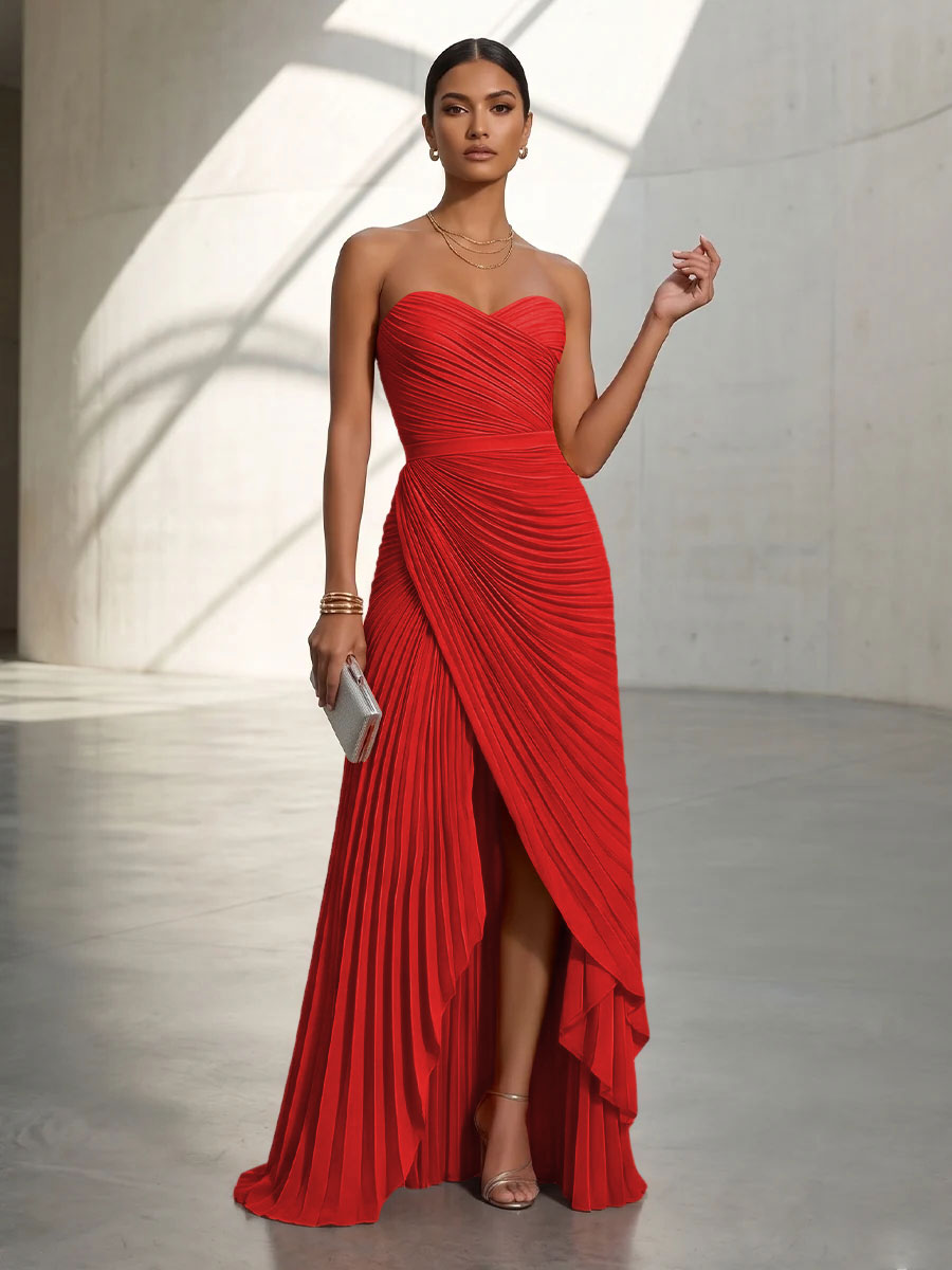 Chiffon A Line Strapless Pleats Formal Dresses