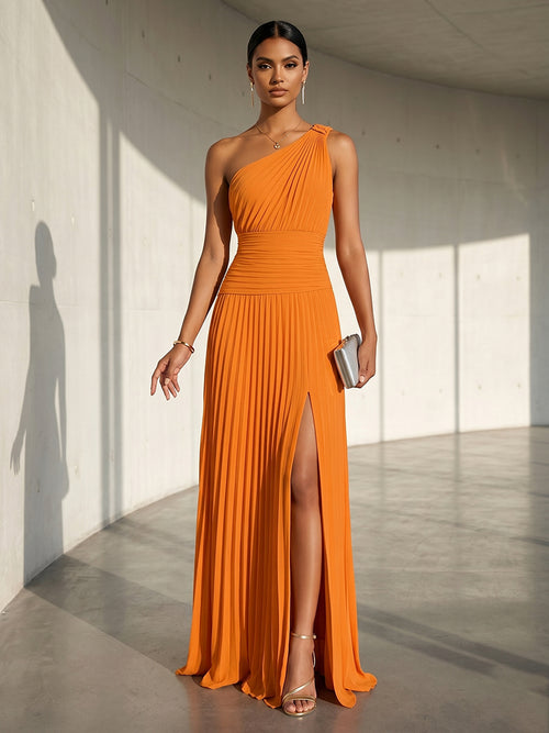 orange off shoulder pleated chiffon dress One Shoulder Asymmetric Ruched Drape Detail Maxi Dress In Orange Chiffon | EGO US