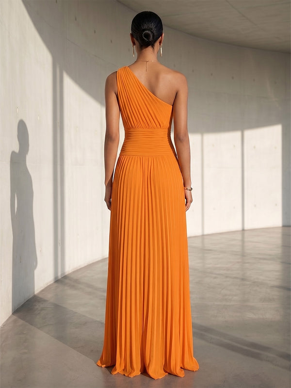 formal orange dress Chiffon A Line One Shoulder Slit Formal Dresses