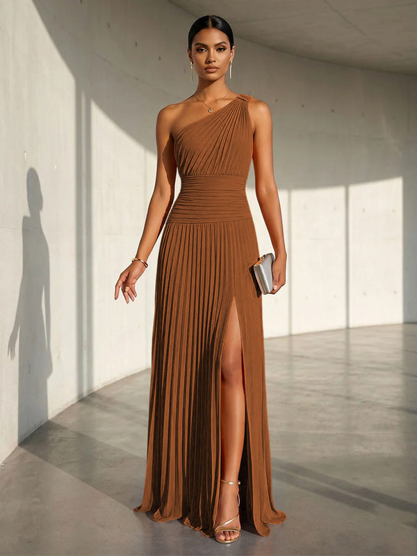 brown semi formal dress Chiffon A Line One Shoulder Slit Formal Dresses