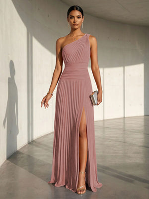 Chiffon A Line One Shoulder Slit Formal Dresses
