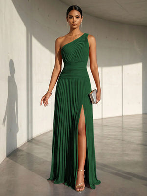 Chiffon A Line One Shoulder Slit Formal Dresses