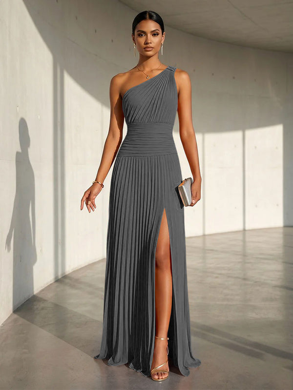 Chiffon A Line One Shoulder Slit Formal Dresses