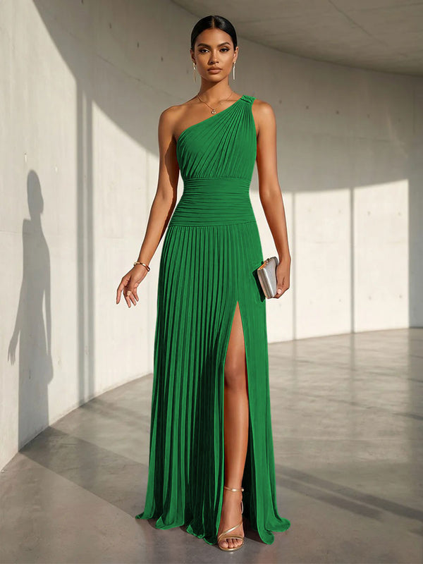 one sleeve dress formal Chiffon A Line One Shoulder Slit Formal Dresses