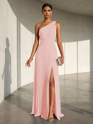 Chiffon A Line One Shoulder Slit Formal Dresses