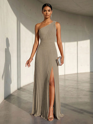 Chiffon A Line One Shoulder Slit Formal Dresses