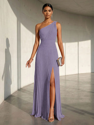Chiffon A Line One Shoulder Slit Formal Dresses