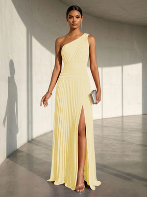 Chiffon A Line One Shoulder Slit Formal Dresses