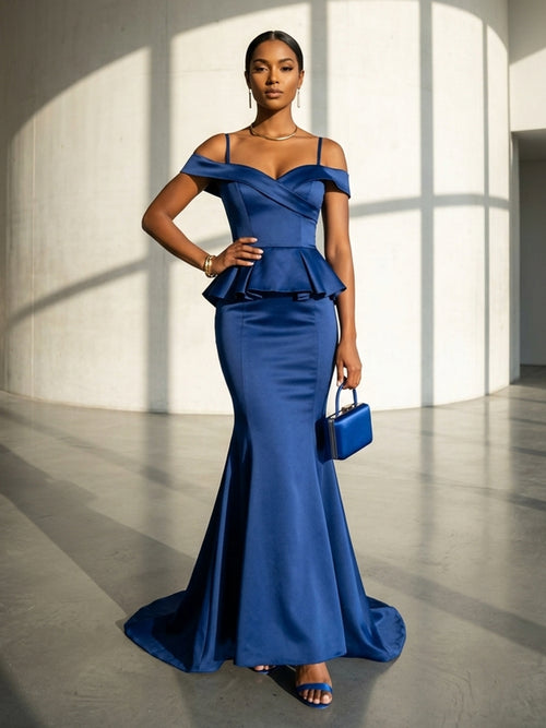 Satin Mermaid Off the Shoulder Spaghetti Straps Formal Dresses