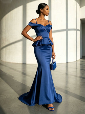 Satin Mermaid Off the Shoulder Spaghetti Straps Formal Dresses