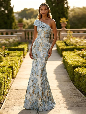 One Shoulder Jacquard Mermaid Floral Pleats Formal Dresses