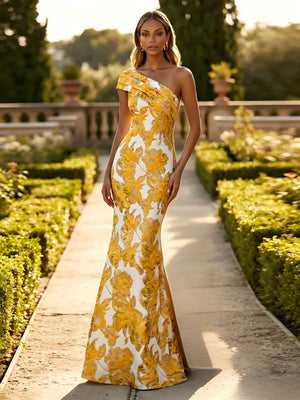 One Shoulder Jacquard Mermaid Floral Pleats Formal Dresses