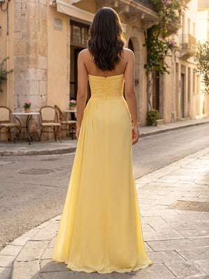Chiffon A Line Strapless Slit Pleats Formal Dresses