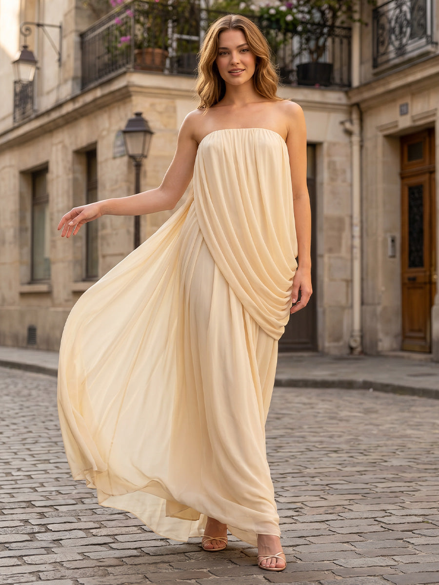 Chiffon A Line Strapless Pleats Layered Formal Dresses