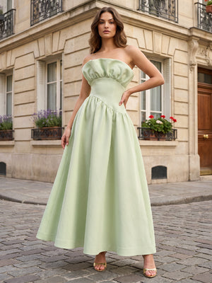 Satin A Line Strapless Ruffles Pleats Formal Dresses
