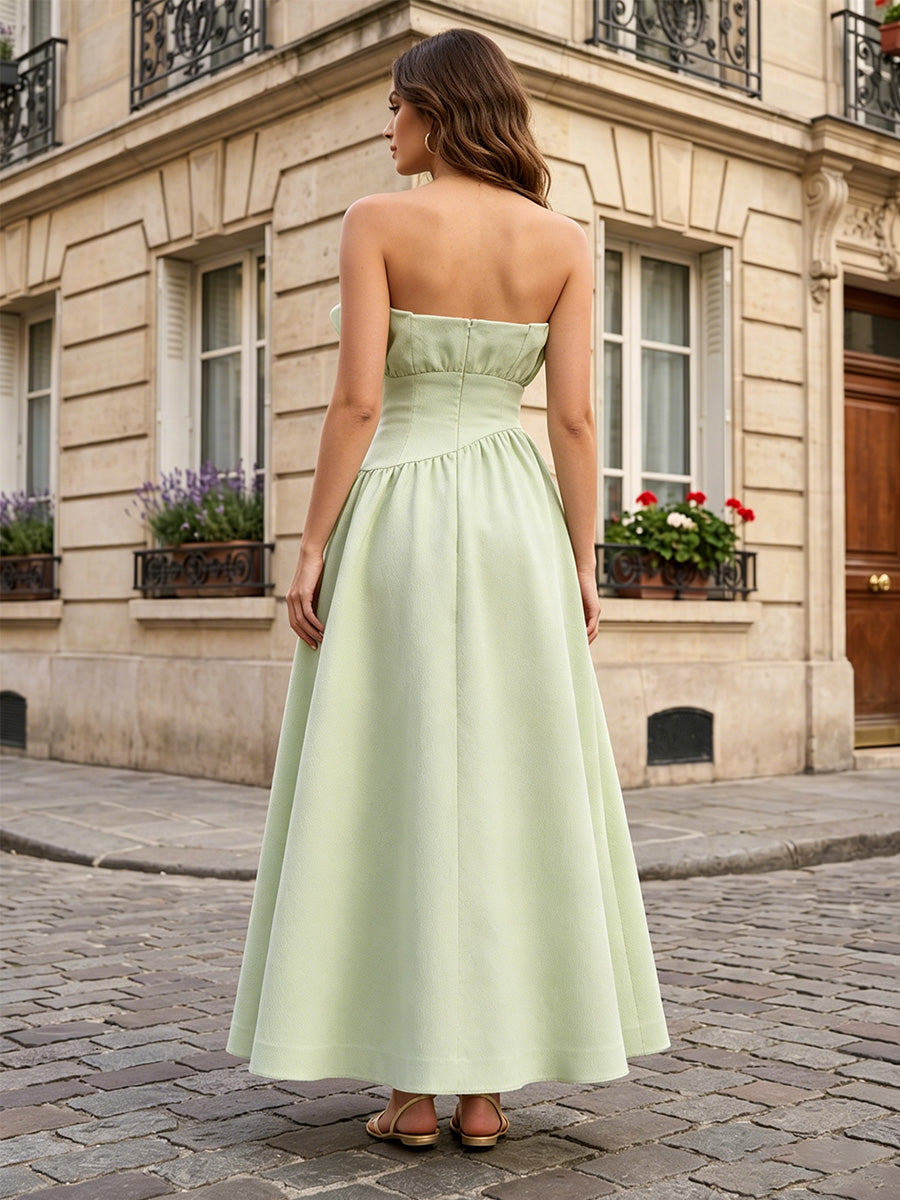 Satin A Line Strapless Ruffles Pleats Formal Dresses