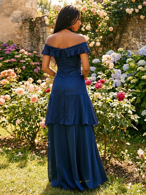 Stretch Mesh A Line Off the Shoulder Ruffles Layered Formal Dresses