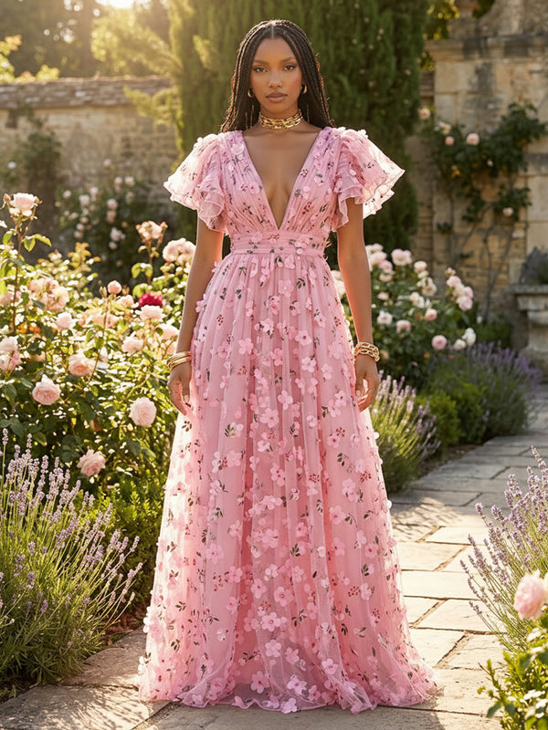 Tulle A Line V Neck Pleats 3D Flowers Formal Dresses