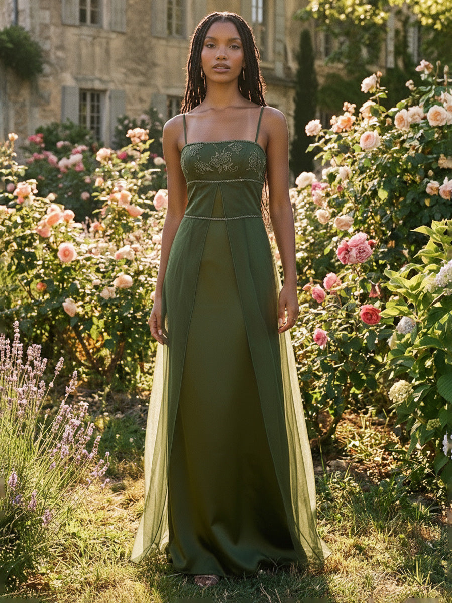 Satin A Line Square Neck Spaghetti Straps Corset Formal Dresses