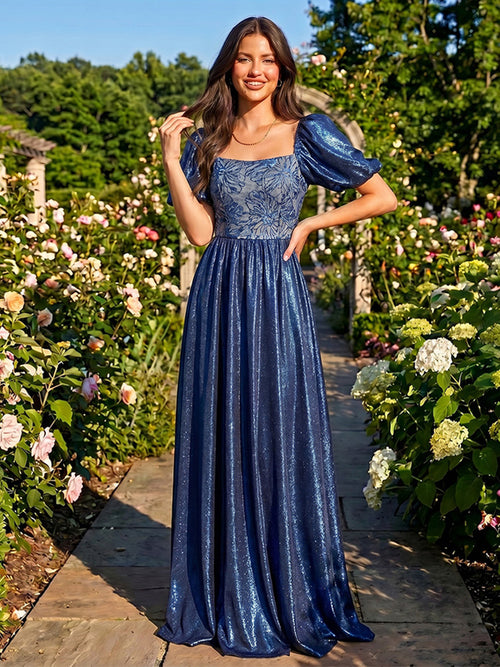 Metallic Satin A Line Square Neck Pleats Formal Dresses