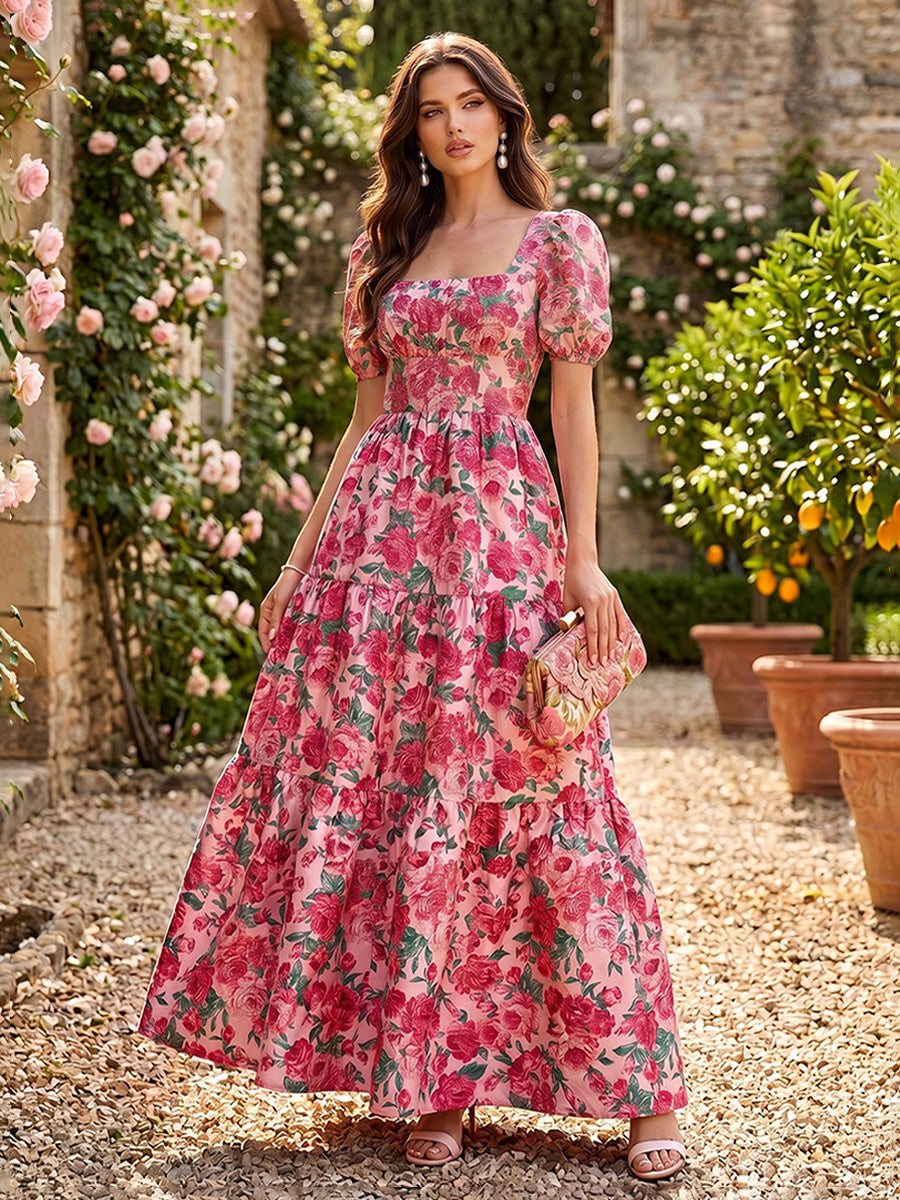 Floral A Line Square Neck Pleats Formal Dresses