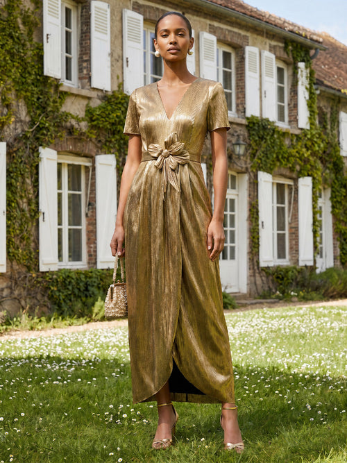 Metallic Satin A Line V Neck Corset Formal Dresses