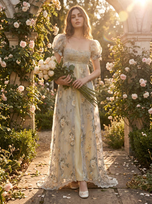 Tulle A Line Square Neck Layered Floral Print Formal Dresses