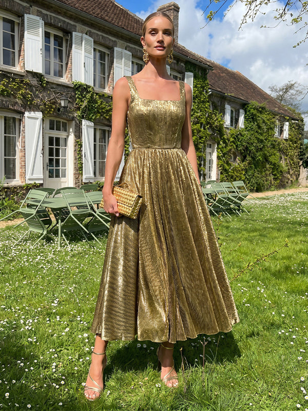 Metallic Satin A Line Square Neck Pleats Corset Formal Dresses