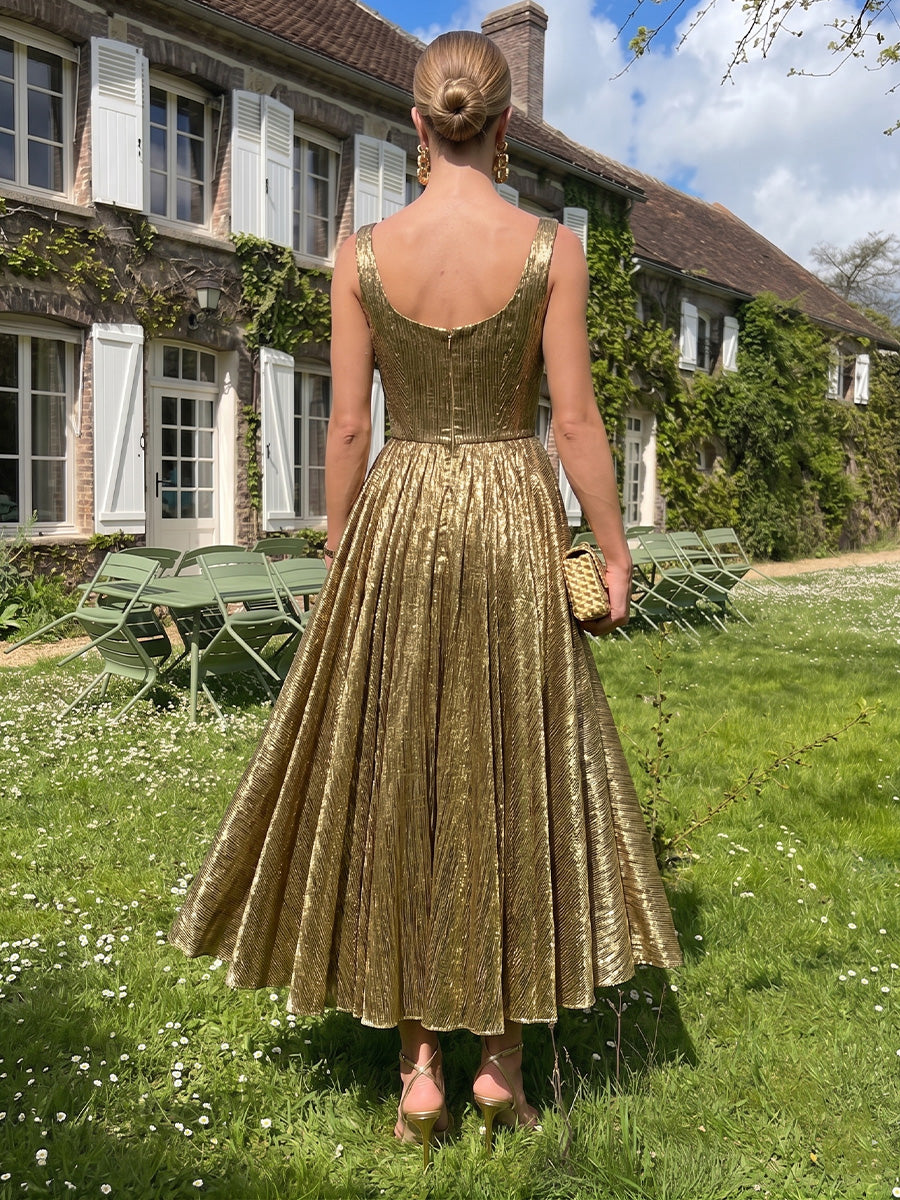 Metallic Satin A Line Square Neck Pleats Corset Formal Dresses