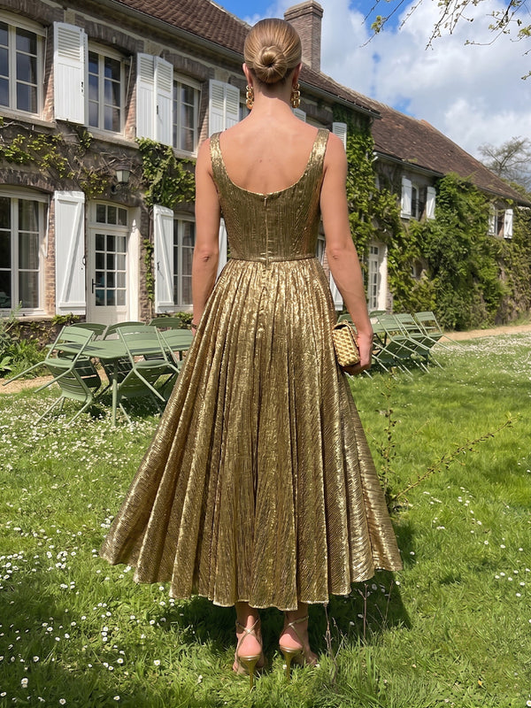 Metallic Satin A Line Square Neck Pleats Corset Formal Dresses