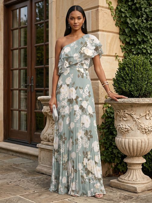 Chiffon A Line One Shoulder Pleats Ruffles Formal Dresses
