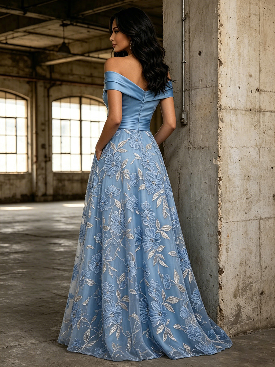 Tulle High Low Off the Shoulder Pocket Pleats Evening Dresses